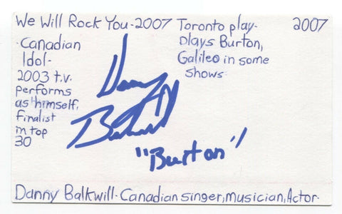 Danny Balkwill Signed 3x5 Index Card Autographed Signature Singer Actor
