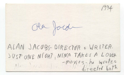 Alan Jacobs Signed 3x5 Index Card Autographed Signature Filmmaker Director