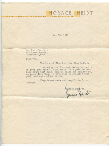 Horace Heidt Signed Letter From 1948 Autographed Pianist Big Bandleader