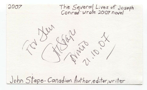 John Stape Signed 3x5 Index Card Autographed Signature Author Editor Writer