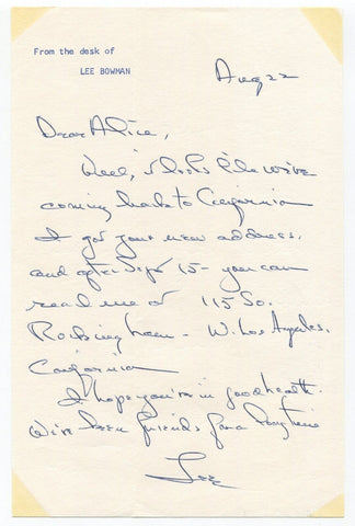 Lee Bowman Signed Handwritten Letter Vintage TLS Autographed Actor Cover Girl