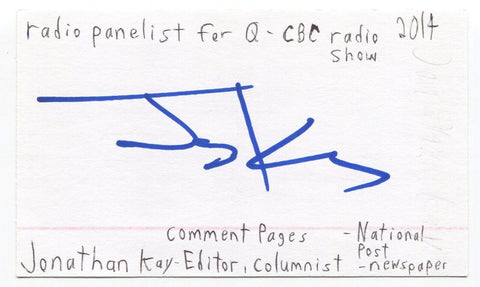 Jonathan Kay Signed 3x5 Index Card Autographed Canadian Journalist