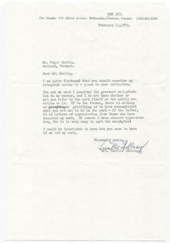 Lucille Gilling Signed Letter TLS Autographed Artist Signature