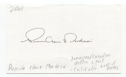 Pamela Mordecai Signed 3x5 Index Card Autographed Signature Author Writer