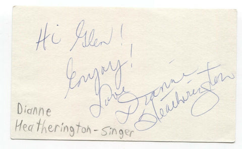 Dianne Heatherington Signed 3x5 Index Card Autographed Singer