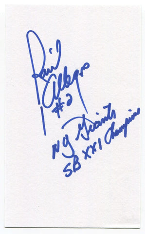 Raúl Allegre Signed 3x5 Index Card Autographed Giants Super Bowl Campion