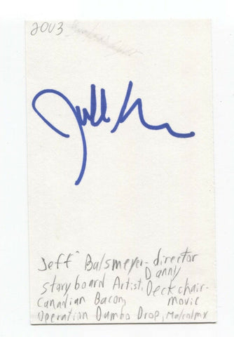 Jeff Balsmeyer Signed 3x5 Index Card Autograph Signature Screenwriter Director
