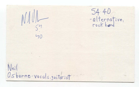 Neil Osborne Signed 3x5 Index Card Autographed Signature 54-40 Band