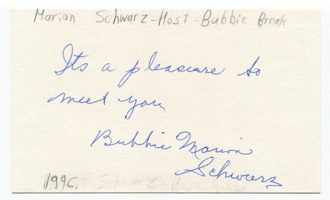 Marion Schwarz Signed 3x5 Index Card Autographed Signature Bubbie Break