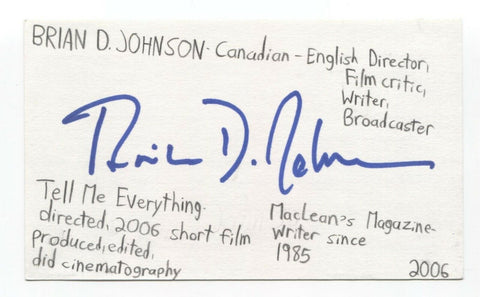 Brian D. Johnson Signed 3x5 Index Card Autographed Signature Filmmaker Critic