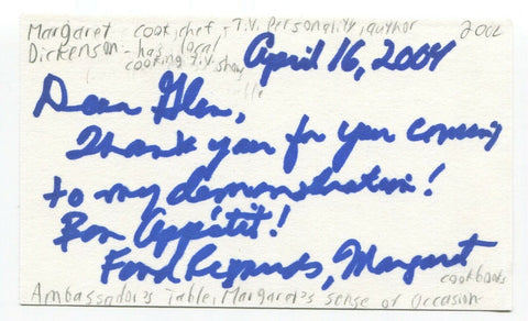 Margaret Dickenson Signed 3x5 Index Card Autographed Canadian Chef Cooking 