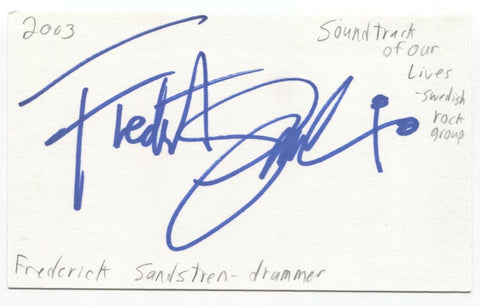 The Soundtrack Of Our Lives - Fredrik Sandsten Signed 3x5 Index Card Autographed